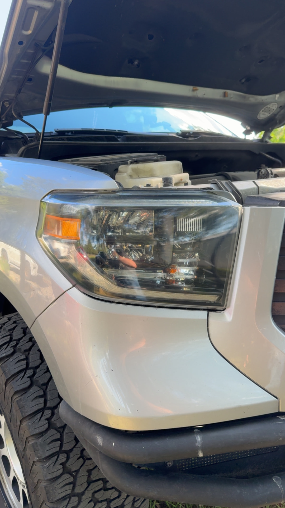 Toyota Tundra headlight restored to a clear finish after Crystal Clear headlight restoration in Citrus County FL